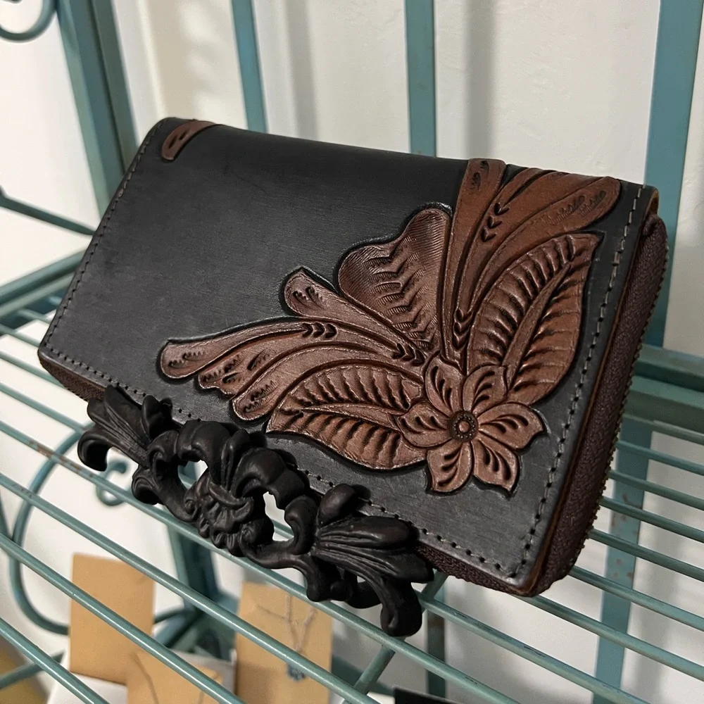 NWT Hand Tooled Leather Wallet Black Brown Floral Western Cowgirl Boho